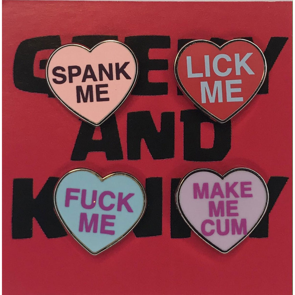 Geeky &amp; Kinky Heart Pin 4pk (Spank Me - Lick Me - Fuck Me - Make Me Cum)