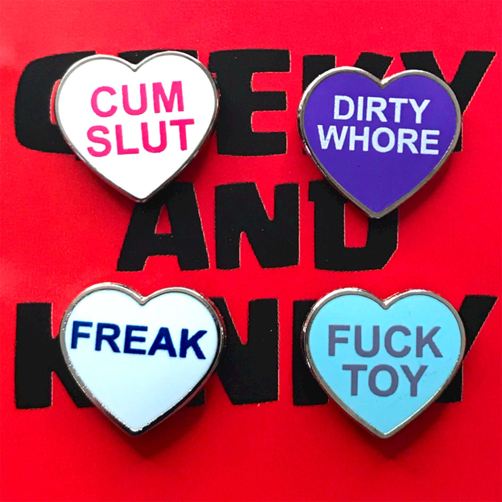 Geeky &amp; Kinky Heart Pin 4pk (Dirty Whore -Fuck Toy - Freak - Cum Slut)