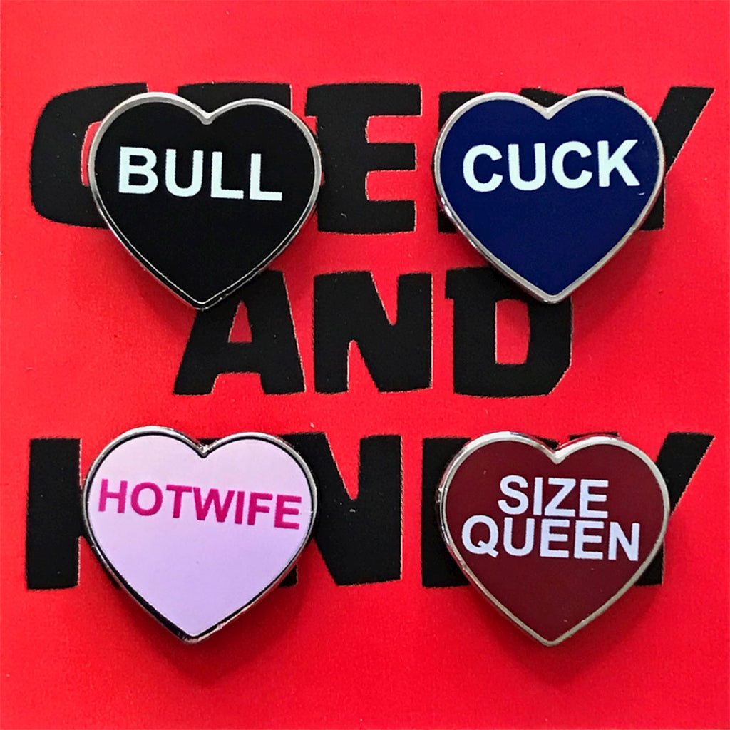 Geeky &amp; Kinky Heart Pin 4pk (Cuck - Bull - Hot Wife - Size Queen)